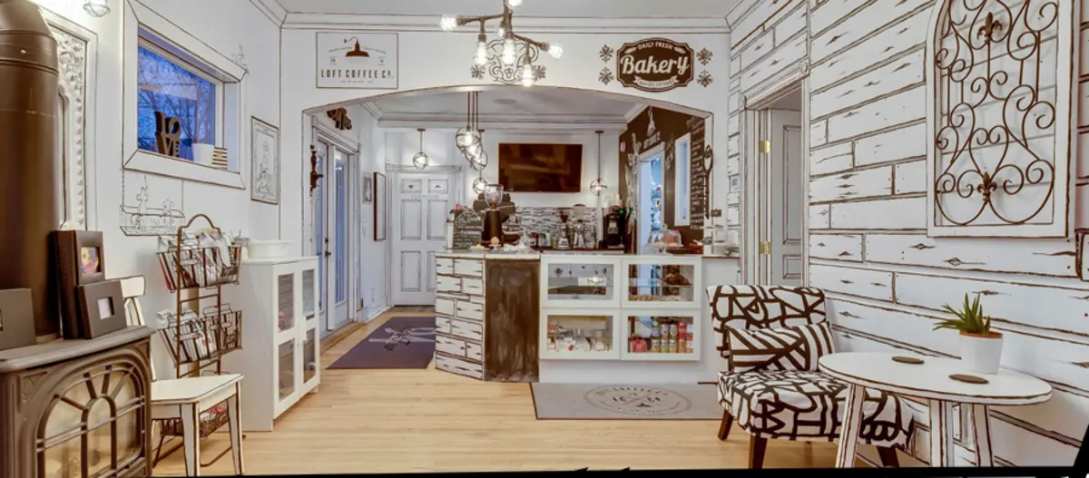 The hand-drawn black and white interior of the bakery on Elma Street